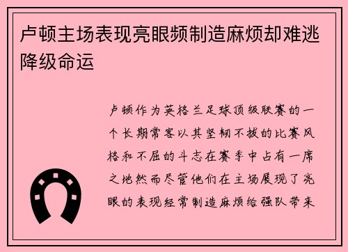 卢顿主场表现亮眼频制造麻烦却难逃降级命运 卢顿主场表现亮眼频制造麻烦却难逃降级命运