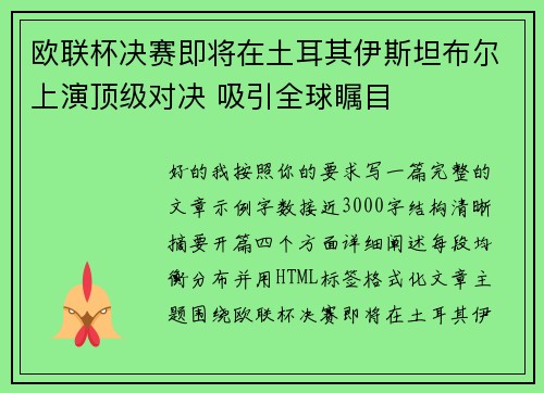 欧联杯决赛即将在土耳其伊斯坦布尔上演顶级对决 吸引全球瞩目